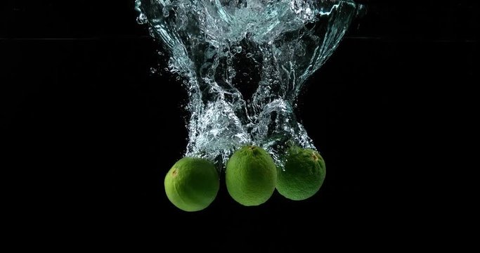 Green Lemons, citrus aurantifolia, Fruits falling into Water against Black Background, Slow Motion 4K
