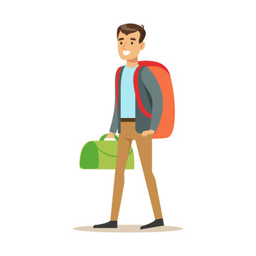 Happy young man traveler standing with backpack and suitcase. Summer travel colorful cartoon character vector Illustration
