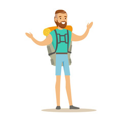 Young man traveler standing with backpack. Summer camping colorful cartoon character vector Illustration