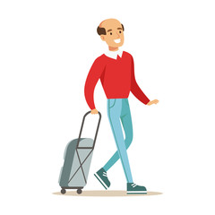 Smiling man traveling with suitcase. Colorful cartoon character vector Illustration