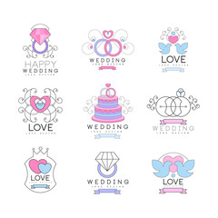 Happy wedding and love set for logo design, collection of colorful Illustrations