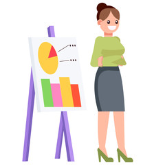 A woman with a chart chart, shows statistics.  Office character. Vector flat illustration