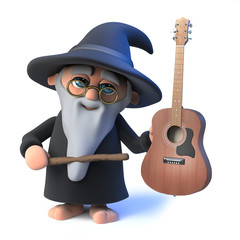 Obraz premium 3d Funny cartoon wizard magician character holding an acoustic guitar
