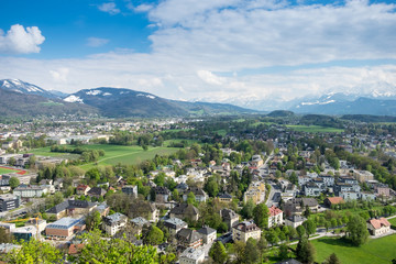 Fototapeta na wymiar Aerial View Salzburg city background mountain Alps