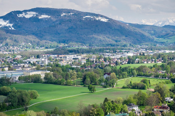 Fototapeta na wymiar Aerial View Salzburg city background mountain