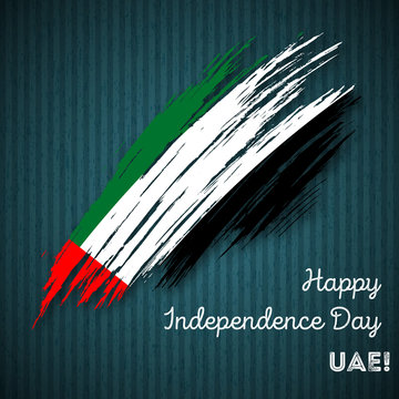 UAE Independence Day Patriotic Design. Expressive Brush Stroke in National Flag Colors on dark striped background. Happy Independence Day UAE Vector Greeting Card.