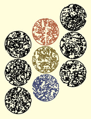 Abstract grunge vector background. Color  composition of irregular circular graphic elements.