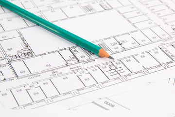 Architectural plan. Engineering house drawings, pancil and blueprints.