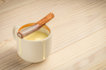stick of cinnamon in condensed milk/condensed milk with a cinnamon stick