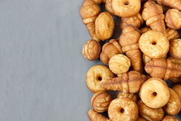 Biscuit cookies of different shapes. Top view. Copy space.