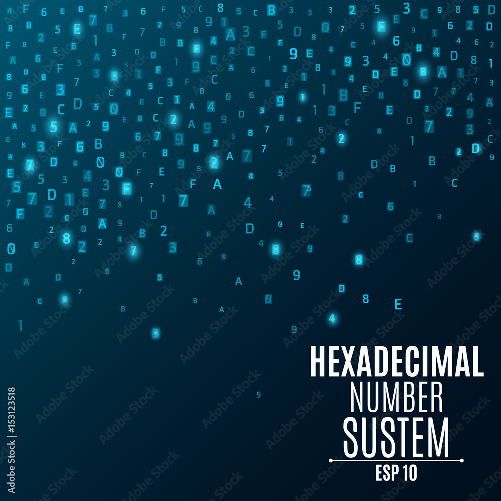 Poster hexadecimal number system. abstract, modern background. glowing numbers and letters are blue. sparse