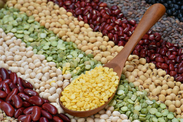 Mung bean on wooden spoon with various dried legumes background