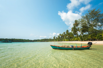 Fototapeta premium Fisher boat at the tropical beach, Located Koh Kood Island, Thailand
