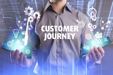 Business, Technology, Internet and network concept. Young businessman working on a virtual screen of the future and sees the inscription: Customer journey