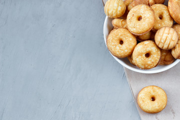 Biscuit cookies on the plate. Selective focus. Copy space.