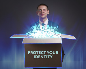 Business, Technology, Internet and network concept. Young businessman shows the word: Protect your...