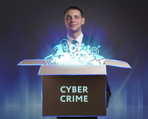 Business, Technology, Internet and network concept. Young businessman shows the word: Cyber crime
