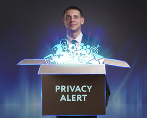 Business, Technology, Internet and network concept. Young businessman shows the word: Privacy alert