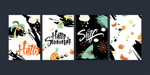 Naklejka premium Set of bright summer cards with fruits and nature.