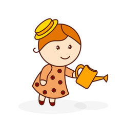 Abstract color image of a little cute girl in a hat watering from a watering-can. Girl with watering can on a white background. Vector illustration