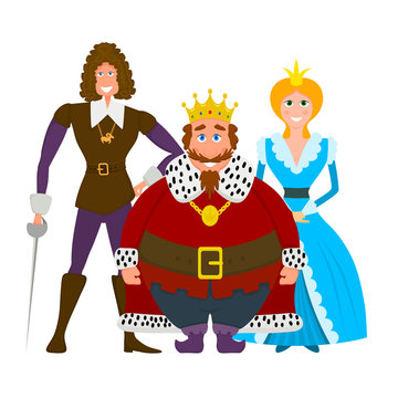 Color image of a royal family on a white background. Flat style king, princess and prince. Vector illustration