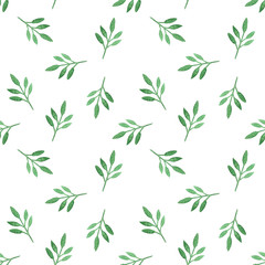 Seamless green herbal pattern with leaves. Watercolor illustration