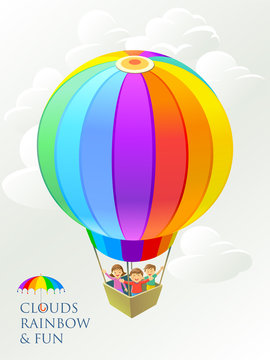 Children having fun in a colorful balloon. Vector illustration 