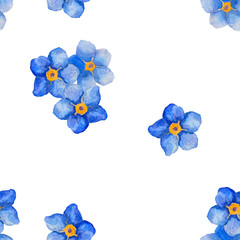 Blue seamless forget me not and bindweed spring flowers in bouquet for wedding. Decorative element for greeting card, textile, paper, wallpaper, craft, package, label, logo