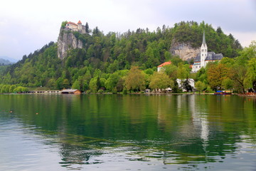 Fototapeta na wymiar Beautiful reflection on the Bled lake, Slovenia