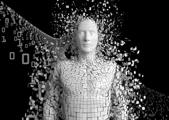 3d human made of binary code and pieces