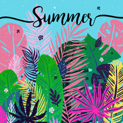 Multicolor trendy tropical summer background, exotic leaves. Vector botanical illustration, design elements.