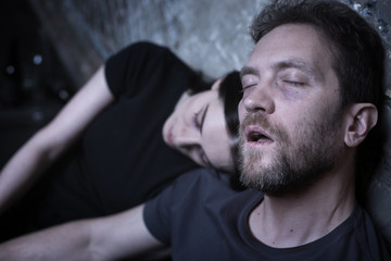 Disgusting freaks suffering from overdose in the dark place