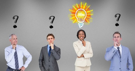 Business people with question marks and light bulb 