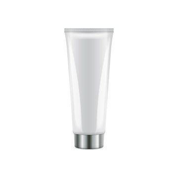 Vector plastic tube with round silver cap. Realistic white packaging mockup template