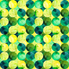 Pattern green, lime, yellow patchwork with watercolor  circle design elements background. For textile fabric, wrapping paper, print and web projects.