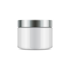 Vector round plastic jar with silver cup for cosmetics. Mockup template