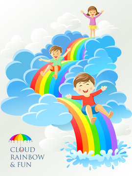 Children playing on a rainbow slid and having fun on the clouds. 