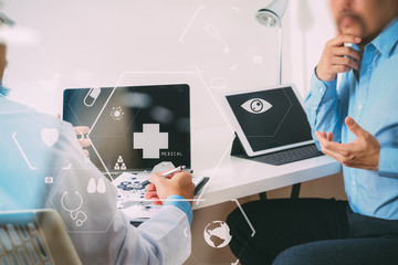 Medical doctor in white uniform gown coat consulting businessman patient having exam as Hospital professionalism concept