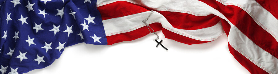 Red, white, and blue American flag with christian cross for Memorial day or Veteran's day background