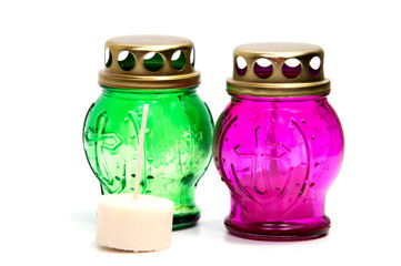 votive candles isolated on white background with clipping path. Cemetery candles.