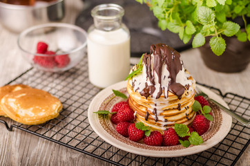American pancakes with icecream and chocolate