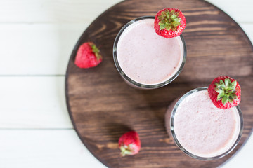 Strawberry smoothie healthy breakfast drink in glass