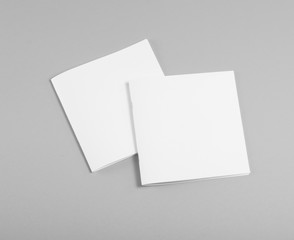 Blank brochure on gray background, top view.