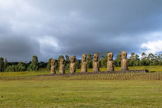 Moai Statues of Ahu Akivi, the only Moai facing the ocean - Easter Island, Chile