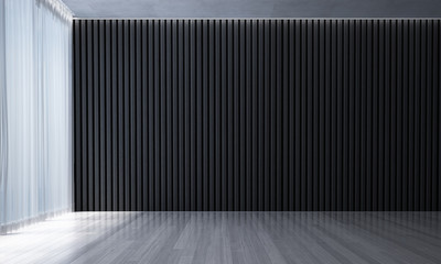 The interior 3d rendering design of modern empty living room black stripes wall pattern