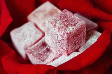 rose flavoured turkish delight with red rose petals