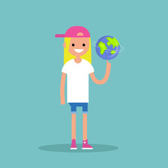 Young female character spinning the globe on finger / flat editable vector illustration, clip art