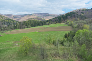 Mountain spring landscape. Beskidy mountain in southern Poland.