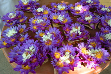 hindu, buddhist sacrificial flowers at Sri lankan Ceylon market, Kandy temple
