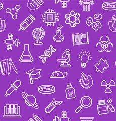 Science, purple background, contour icons, monochrome, seamless, vector. White, line, badges on a purple field. Different types of scientific activities. Vector flat background.  